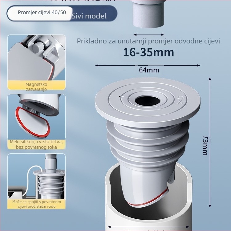 Silikonski čep za odvodnu cijev za kanalizaciju, nepropusni za mirise, umivaonik za kuhinju, čep za odvodnu cijev za perilicu rublja, protiv povratnog mirisa