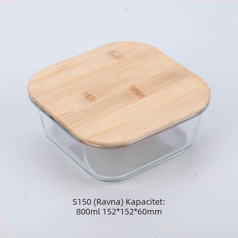 Veleprodaja kutija za ručak od bambusa s poklopcem od drveta, staklena kutija za održavanje svježine, otporna na toplinu, visoko borosilikatno staklo, japanska kutija za ručak, mikrovalna pećnica