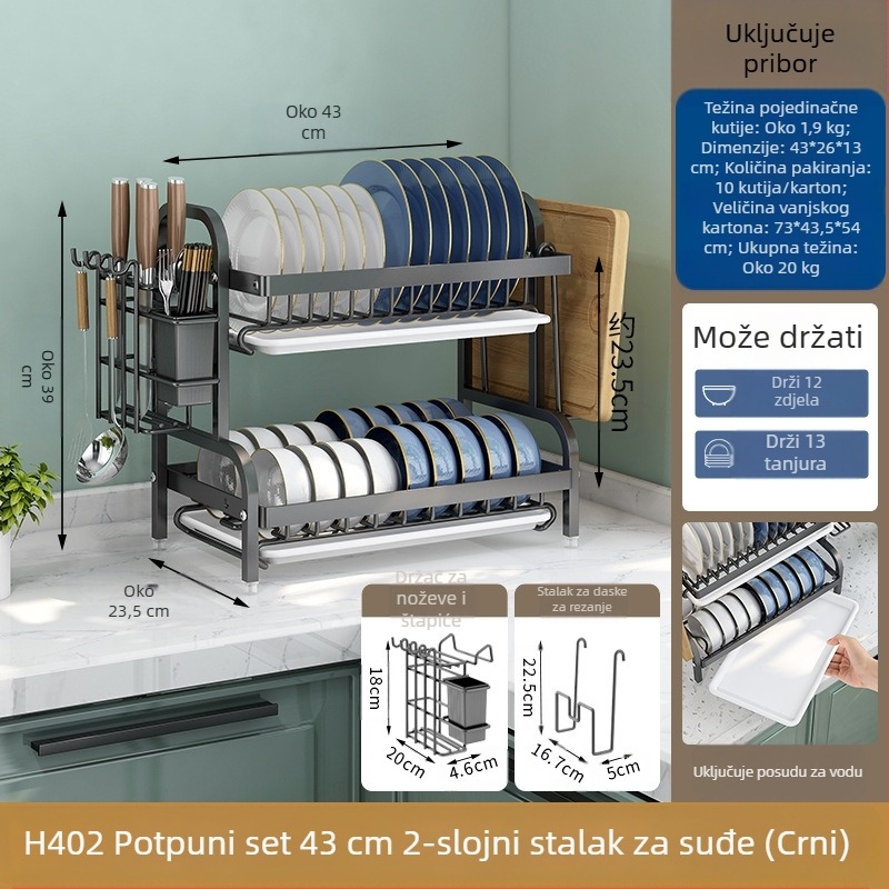 Stalak za posuđe i pohranu posuđa u kuhinji, držač za noževe, držač za štapiće za jelo, integrirani stalak za odvod, višenamjenski stalak za zdjele u kućanstvu