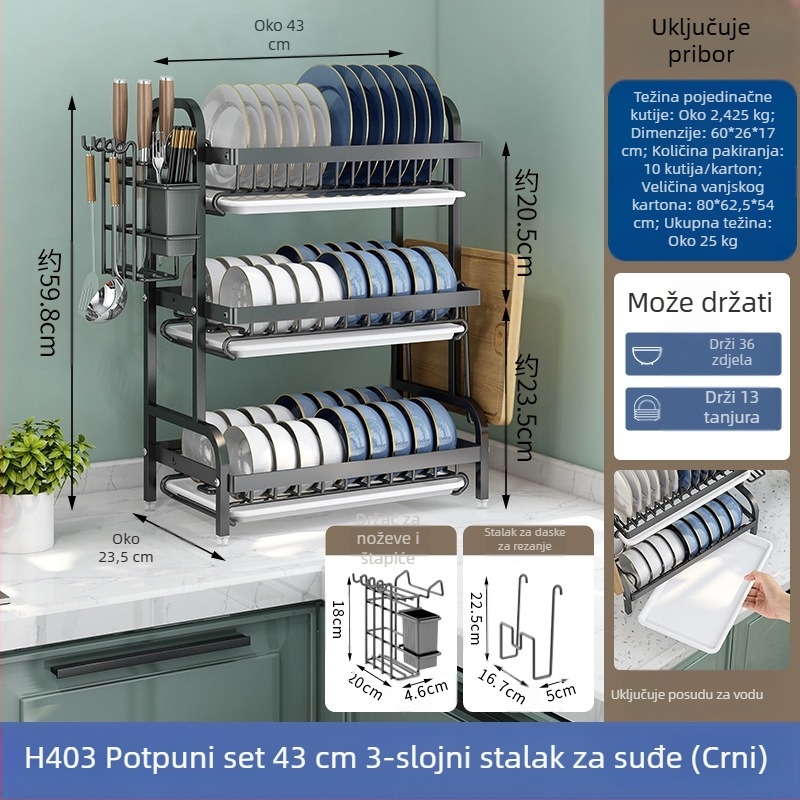 Stalak za posuđe i pohranu posuđa u kuhinji, držač za noževe, držač za štapiće za jelo, integrirani stalak za odvod, višenamjenski stalak za zdjele u kućanstvu