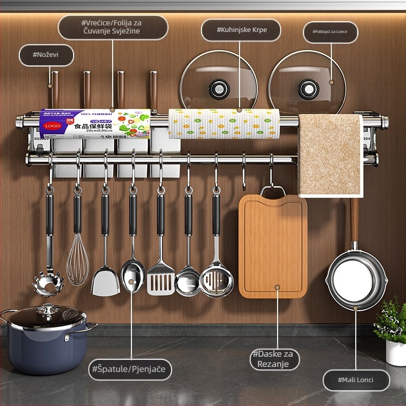 Držač za noževe bez bušilice, stalak za pohranu od nehrđajućeg čelika 304, kuhinjska kuka, poklopac za lonac, daska za rezanje, plastična folija, držač maramica