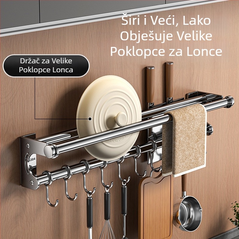 Držač za noževe bez bušilice, stalak za pohranu od nehrđajućeg čelika 304, kuhinjska kuka, poklopac za lonac, daska za rezanje, plastična folija, držač maramica