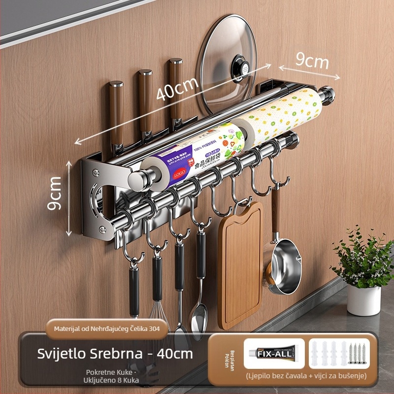 Držač za noževe bez bušilice, stalak za pohranu od nehrđajućeg čelika 304, kuhinjska kuka, poklopac za lonac, daska za rezanje, plastična folija, držač maramica