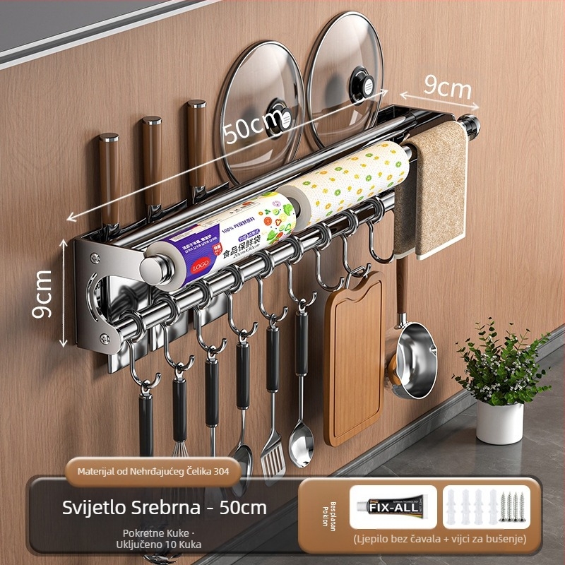 Držač za noževe bez bušilice, stalak za pohranu od nehrđajućeg čelika 304, kuhinjska kuka, poklopac za lonac, daska za rezanje, plastična folija, držač maramica