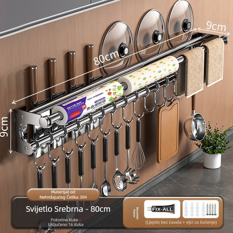 Držač za noževe bez bušilice, stalak za pohranu od nehrđajućeg čelika 304, kuhinjska kuka, poklopac za lonac, daska za rezanje, plastična folija, držač maramica