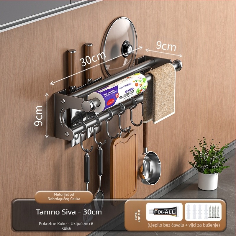 Držač za noževe bez bušilice, stalak za pohranu od nehrđajućeg čelika 304, kuhinjska kuka, poklopac za lonac, daska za rezanje, plastična folija, držač maramica