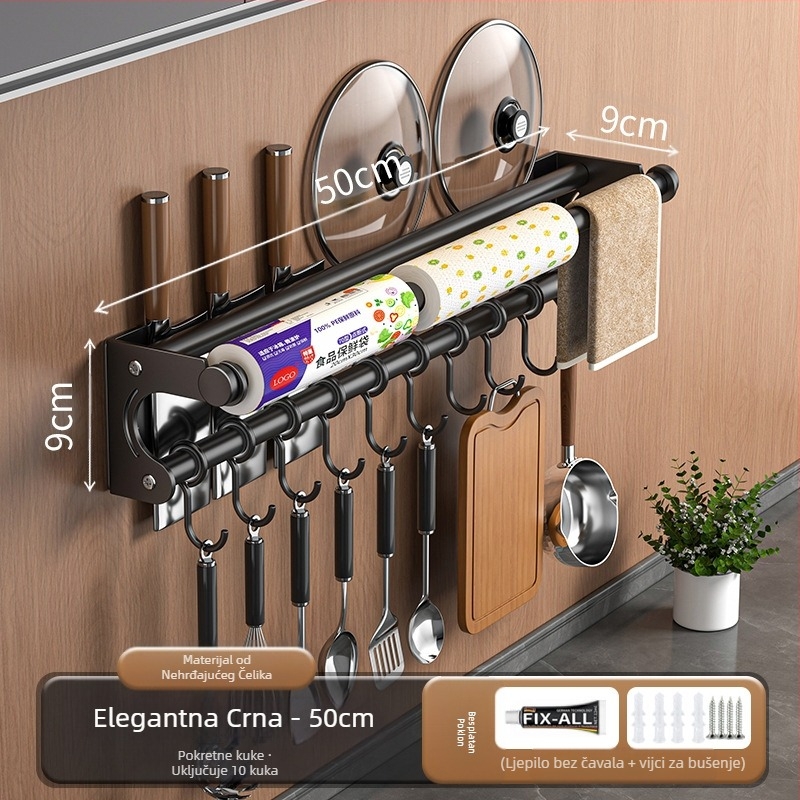 Držač za noževe bez bušilice, stalak za pohranu od nehrđajućeg čelika 304, kuhinjska kuka, poklopac za lonac, daska za rezanje, plastična folija, držač maramica