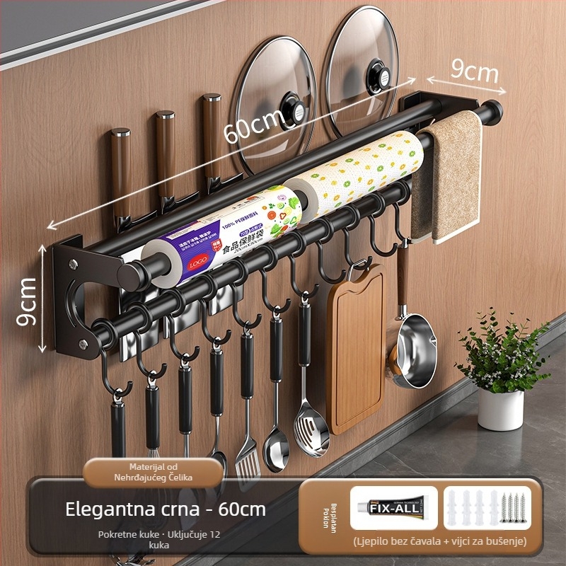 Držač za noževe bez bušilice, stalak za pohranu od nehrđajućeg čelika 304, kuhinjska kuka, poklopac za lonac, daska za rezanje, plastična folija, držač maramica