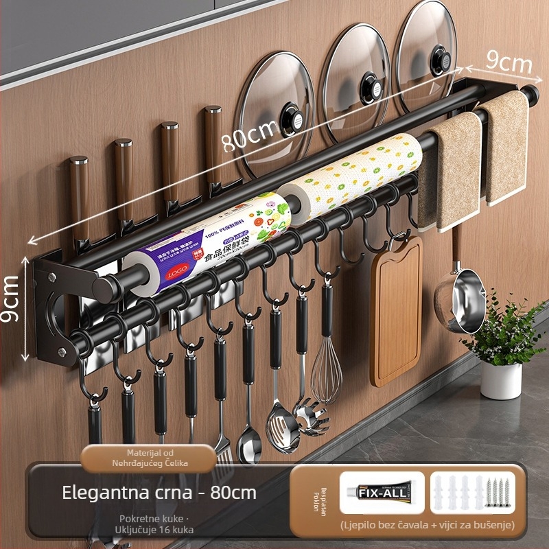 Držač za noževe bez bušilice, stalak za pohranu od nehrđajućeg čelika 304, kuhinjska kuka, poklopac za lonac, daska za rezanje, plastična folija, držač maramica