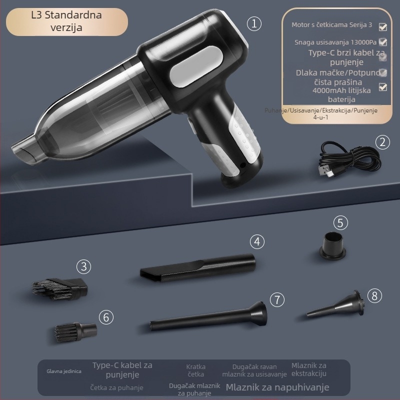 Usisavač za automobil, dvostruke namjene za automobil i dom, bežični ručni punjivi, snažan, mali, mini, snažna funkcija puhanja, prijenosni usisavač