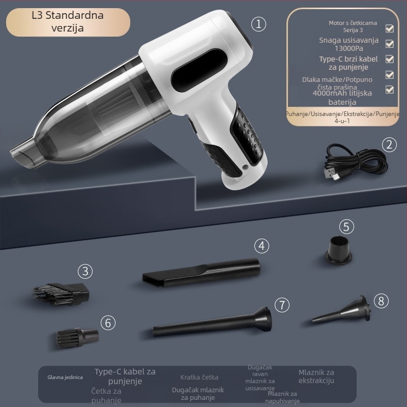 Usisavač za automobil, dvostruke namjene za automobil i dom, bežični ručni punjivi, snažan, mali, mini, snažna funkcija puhanja, prijenosni usisavač
