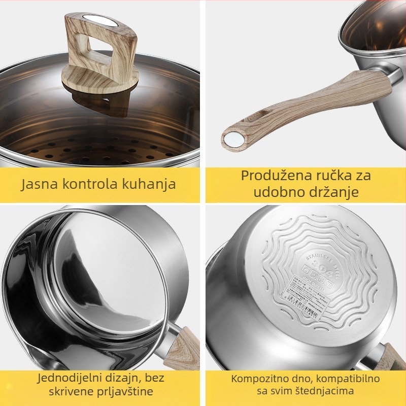 Lonac za mlijeko od nehrđajućeg čelika debljine 304, dvostruko dno, lonac za dječju hranu, lonac za juhu, mali lonac za mlijeko, lonac za instant rezance, poklon s otisnutim LOGOM