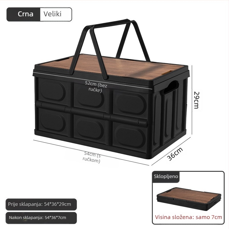 Prijenosna kutija za pohranu na otvorenom za kampiranje, sklopiva kutija, kutija za kampiranje, kutija za pohranu u automobilu, plastična kutija s drvenim poklopcem