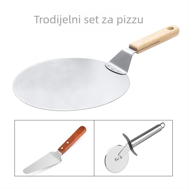 Tvornički alati za pečenje na licu mjesta, set za pizzu od tri dijela, okrugla lopata s drvenom drškom, nož od nehrđajućeg čelika s kotačima, drvena drška, trokutasta lopata