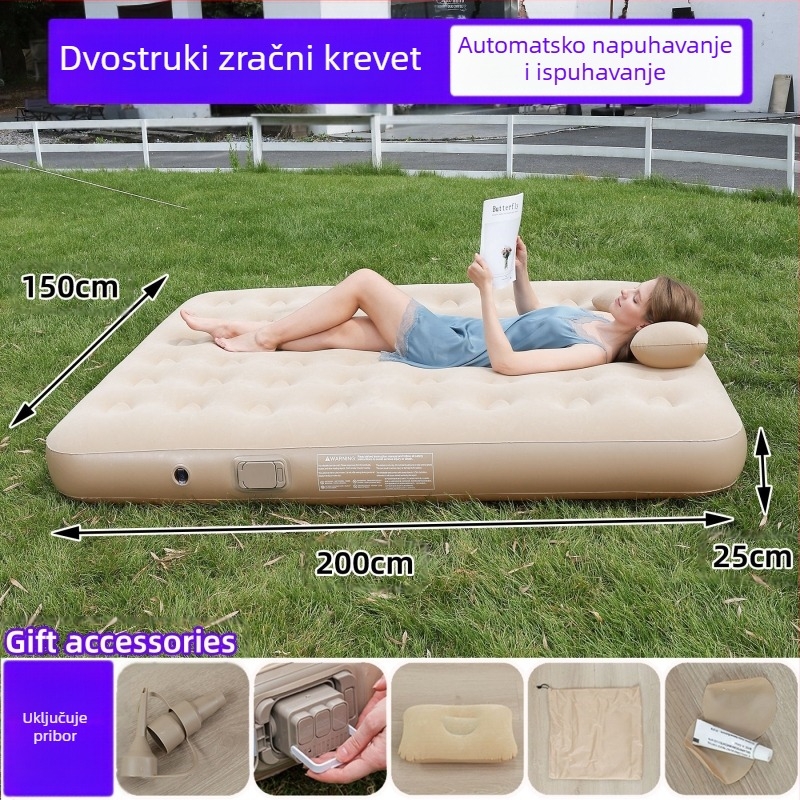 Prekogranični novi vanjski napuhani madrac od flokiranog PVC-a, napuhani krevet s ugrađenom pumpom, jednostruki i dvostruki automatski napuhani madrac