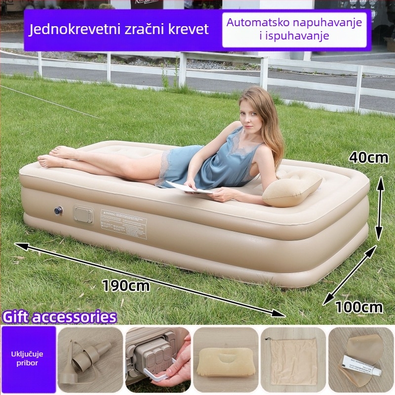 Prekogranični novi vanjski napuhani madrac od flokiranog PVC-a, napuhani krevet s ugrađenom pumpom, jednostruki i dvostruki automatski napuhani madrac