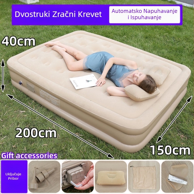 Prekogranični novi vanjski napuhani madrac od flokiranog PVC-a, napuhani krevet s ugrađenom pumpom, jednostruki i dvostruki automatski napuhani madrac
