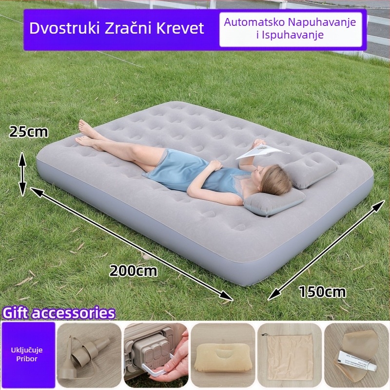 Prekogranični novi vanjski napuhani madrac od flokiranog PVC-a, napuhani krevet s ugrađenom pumpom, jednostruki i dvostruki automatski napuhani madrac