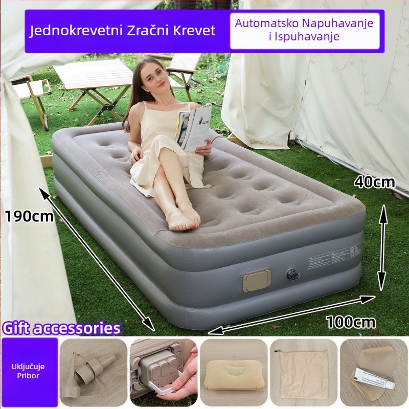 Prekogranični novi vanjski napuhani madrac od flokiranog PVC-a, napuhani krevet s ugrađenom pumpom, jednostruki i dvostruki automatski napuhani madrac