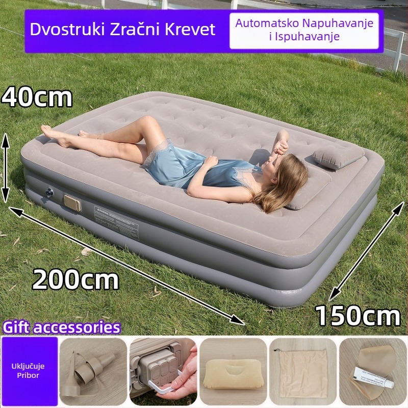 Prekogranični novi vanjski napuhani madrac od flokiranog PVC-a, napuhani krevet s ugrađenom pumpom, jednostruki i dvostruki automatski napuhani madrac