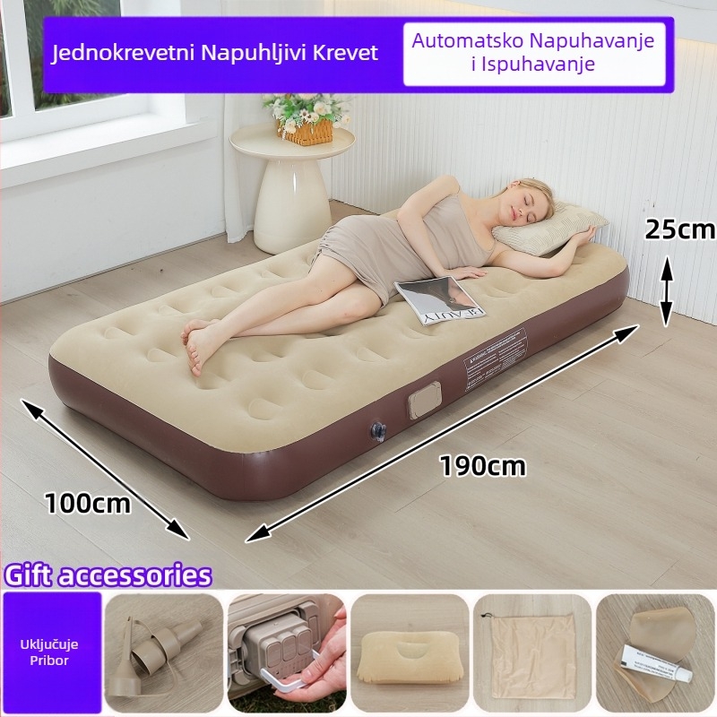 Prekogranični novi vanjski napuhani madrac od flokiranog PVC-a, napuhani krevet s ugrađenom pumpom, jednostruki i dvostruki automatski napuhani madrac