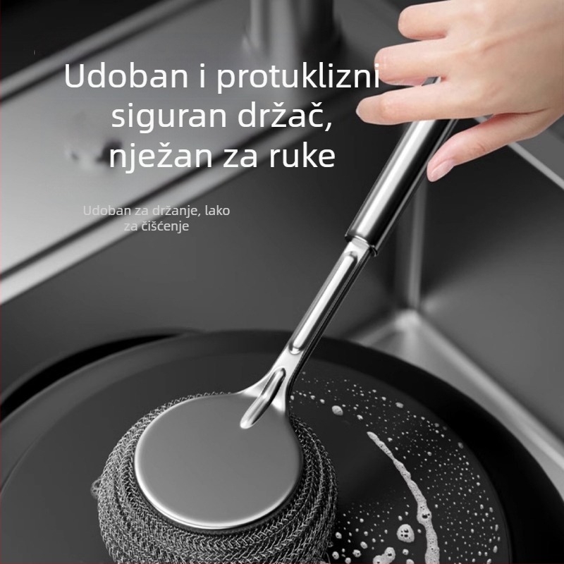 Četka za lonce od nehrđajućeg čelika, kuhinjska posebna četka za pranje lonca, čelična kuglična četka s dugom ručkom, četka za pranje posuđa, četka za čišćenje lonca, artefakt ne ispušta svilu