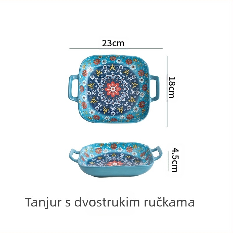 Boemski binauralni kvadratni keramički tanjur kreativna mreža za kućanstvo, voćni tanjur za testenine, pećnica, mikrovalna pećnica