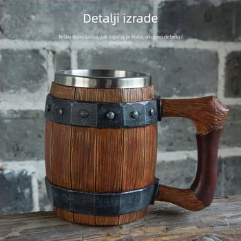 Kreativna osobnost Drvena bačva Smola Pivska čaša Kreativna Ručno Izrađena Imitacija Drvene Pivske Čaše Od Nehrđajućeg Čelika Velikog Kapaciteta Barska Čaša za Vodu