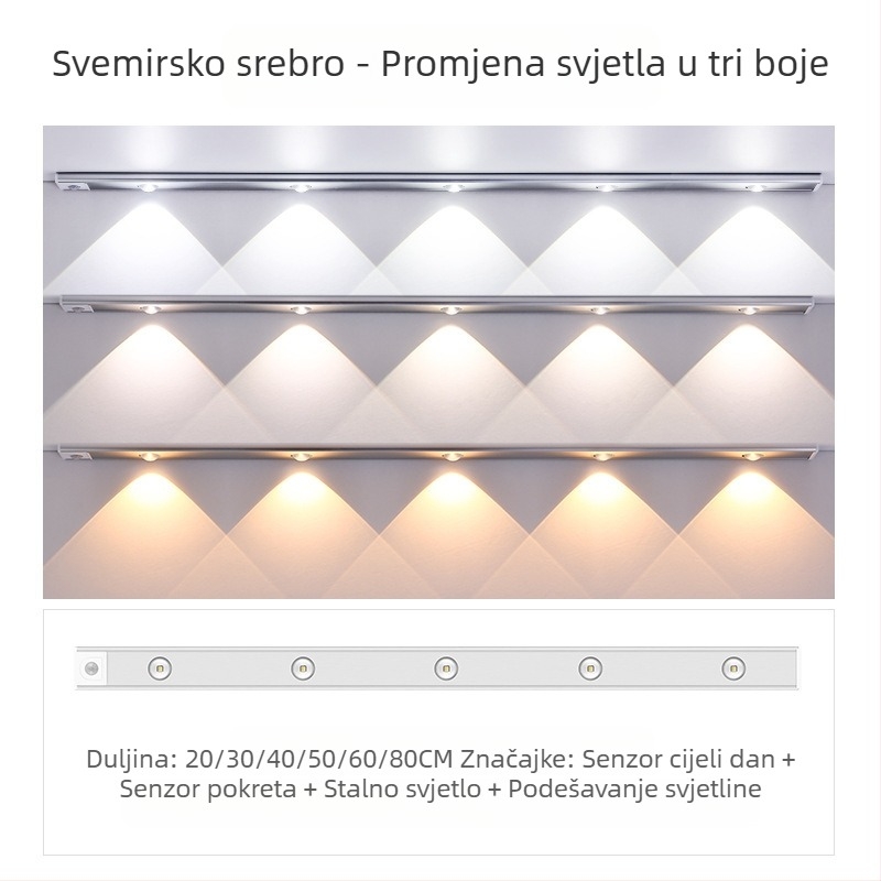 Pametna LED svjetlosna traka sa senzorom ljudskog tijela, punjiva samoljepljiva svjetlosna traka za ormar, vinski ormarić, prijenosna svjetlosna traka