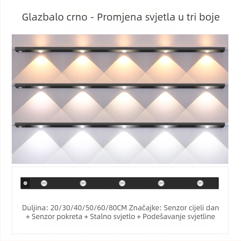 Pametna LED svjetlosna traka sa senzorom ljudskog tijela, punjiva samoljepljiva svjetlosna traka za ormar, vinski ormarić, prijenosna svjetlosna traka