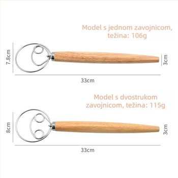 13-inčna mješalica za brašno s hrastovom ručkom, danska mješalica za tijesto, zavojnica od nehrđajućeg čelika, mutilica za jaja
