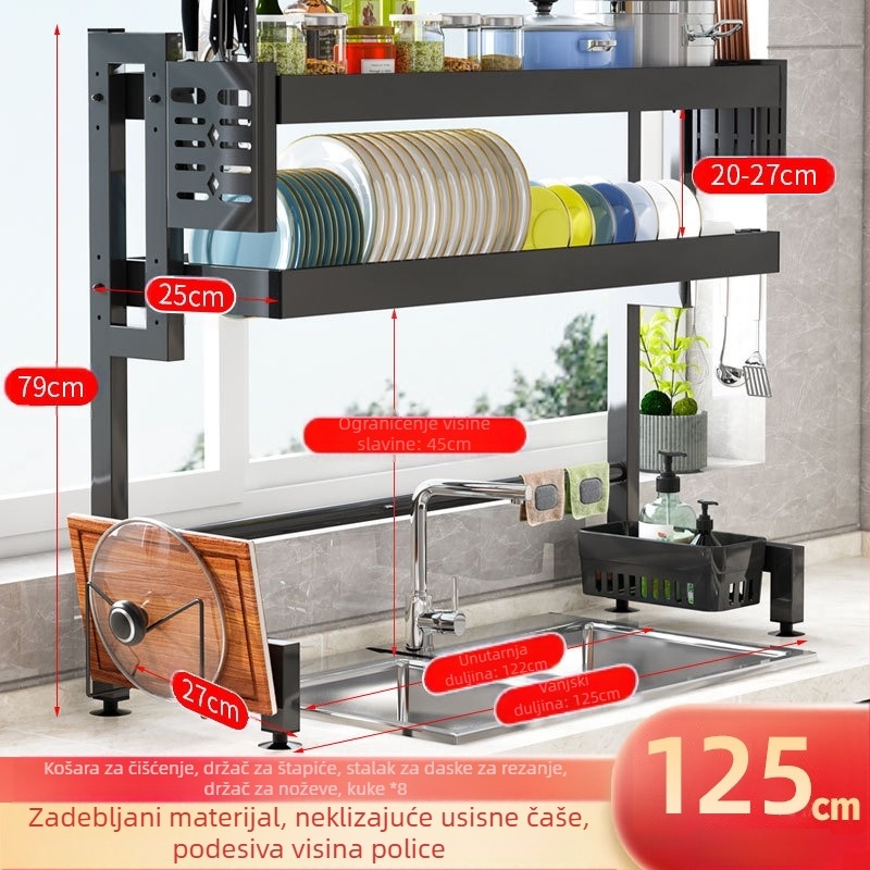 Stalak za odvod sudopera, stalak za pohranu u kuhinji, teleskopski odvod od nehrđajućeg čelika, stalak za posuđe, stalak za posuđe
