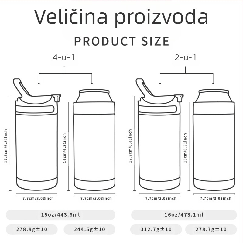 Prijenosna dječja termosica od 4 u 1, limenka Coca-Cole od nehrđajućeg čelika 304, od 16 oz, s dodatkom šalice za kavu