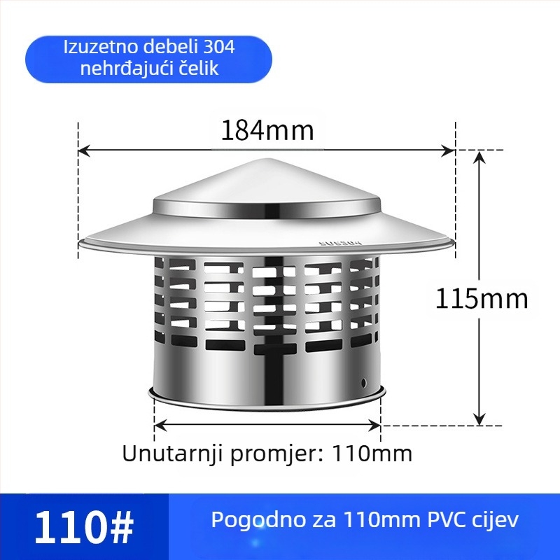 Poklopac za krovnu ispušnu cijev, kapa od nehrđajućeg čelika za kišu, otporna na ptice i miševe, PVC ispušni otvor, prozračna kapa za dimnjak, kišobran