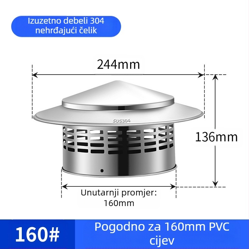 Poklopac za krovnu ispušnu cijev, kapa od nehrđajućeg čelika za kišu, otporna na ptice i miševe, PVC ispušni otvor, prozračna kapa za dimnjak, kišobran