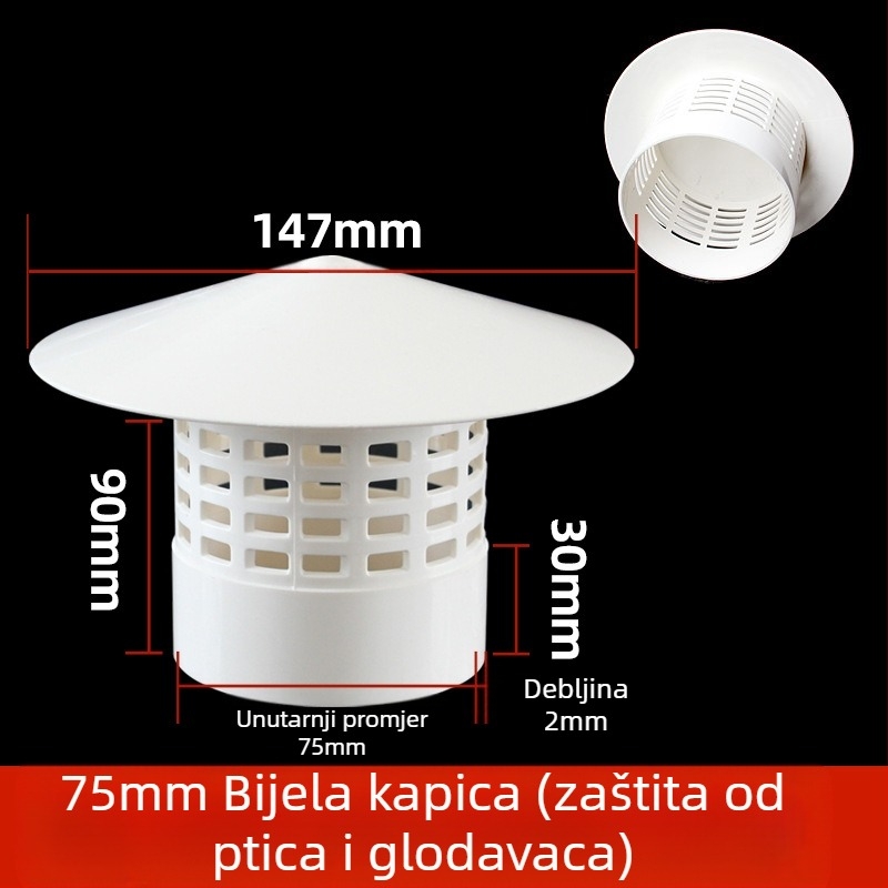 Poklopac za krovnu ispušnu cijev, kapa od nehrđajućeg čelika za kišu, otporna na ptice i miševe, PVC ispušni otvor, prozračna kapa za dimnjak, kišobran