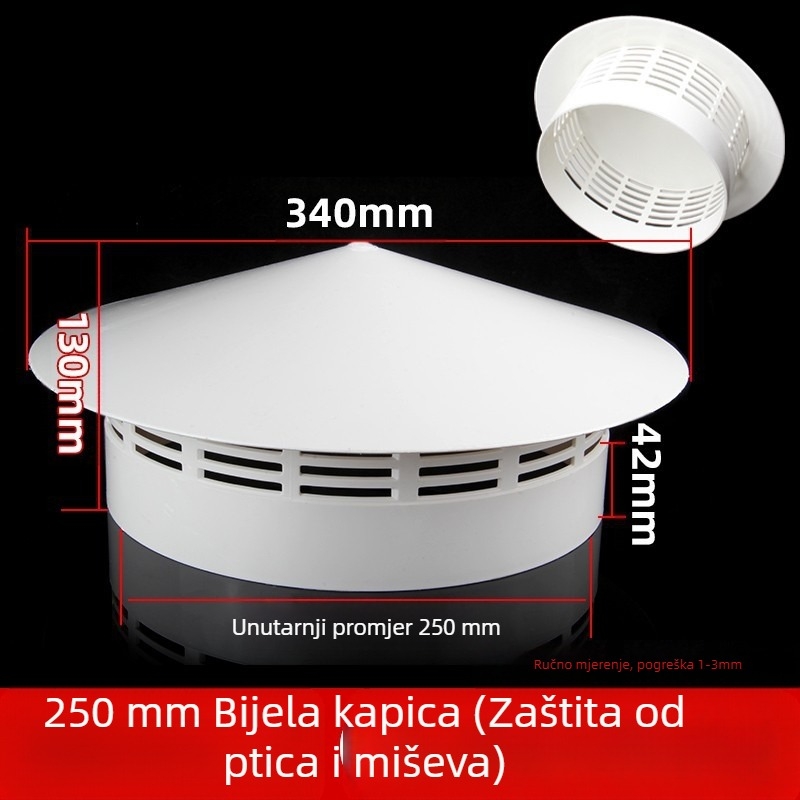 Poklopac za krovnu ispušnu cijev, kapa od nehrđajućeg čelika za kišu, otporna na ptice i miševe, PVC ispušni otvor, prozračna kapa za dimnjak, kišobran
