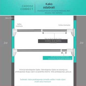 Ormar za odjeću, teleskopska šipka, šipka za vješalicu za odjeću bez bušilica, šipka za sušenje odjeće za WC, prečka, šipka za vješalicu za odjeću, skupljajuća ravna šipka