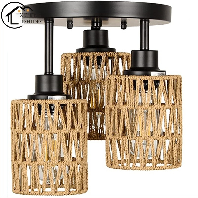 Američki luster od imitacije konoplje, pleteni od užeta, za domaćinstvo, pastoralni restoran, čajanka, gostionica, bar, spavaća soba, ručno rađena stropna lampa s tri glave