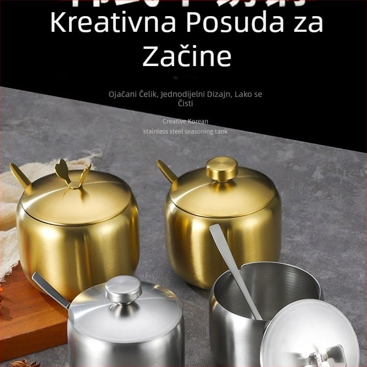 Boca za začine od nehrđajućeg čelika u korejskom stilu, kuhinjska posuda za čili i soja umak, posuda za sol sa žlicom, kutija za začine, kreativna zlatna posuda