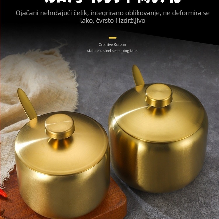 Boca za začine od nehrđajućeg čelika u korejskom stilu, kuhinjska posuda za čili i soja umak, posuda za sol sa žlicom, kutija za začine, kreativna zlatna posuda