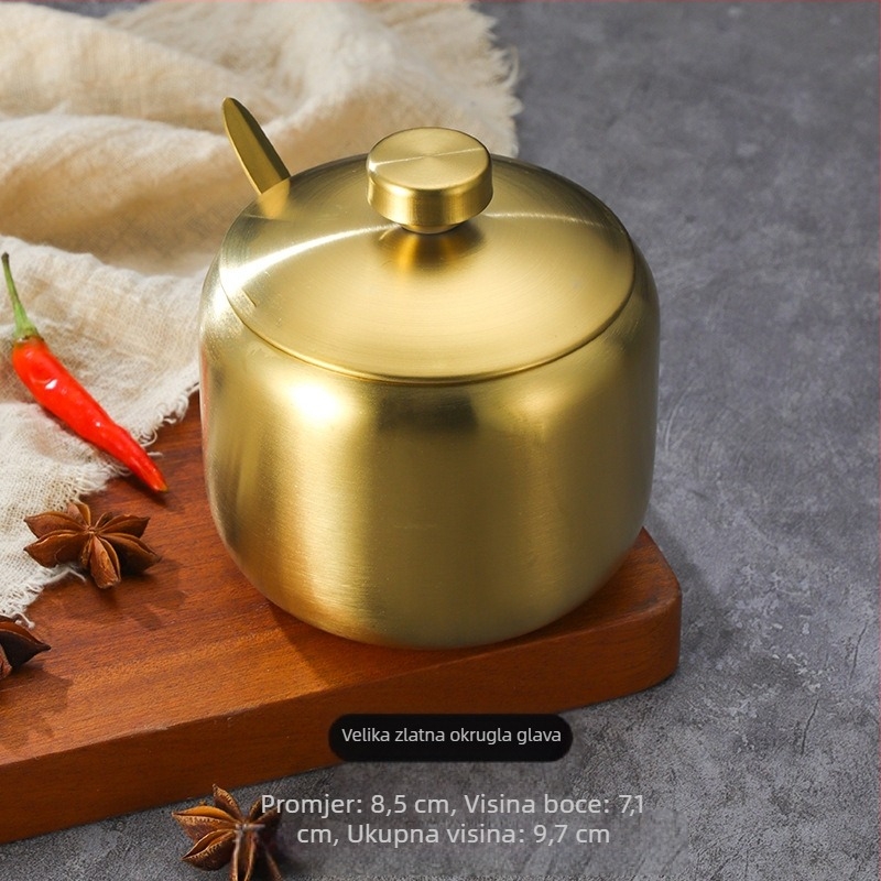 Boca za začine od nehrđajućeg čelika u korejskom stilu, kuhinjska posuda za čili i soja umak, posuda za sol sa žlicom, kutija za začine, kreativna zlatna posuda