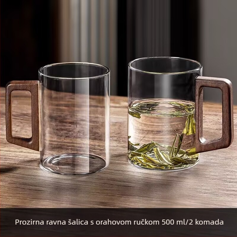 Staklena šalica, šalica za zeleni čaj, šalica za japanski čaj s ručkom, šalica za čaj, uredska pitka voda otporna na visoke temperature, šalica s drvenom ručkom otporna na opekline