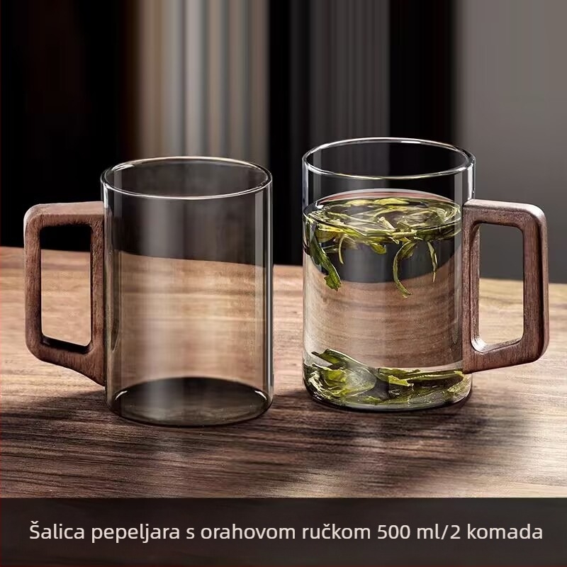 Staklena šalica, šalica za zeleni čaj, šalica za japanski čaj s ručkom, šalica za čaj, uredska pitka voda otporna na visoke temperature, šalica s drvenom ručkom otporna na opekline