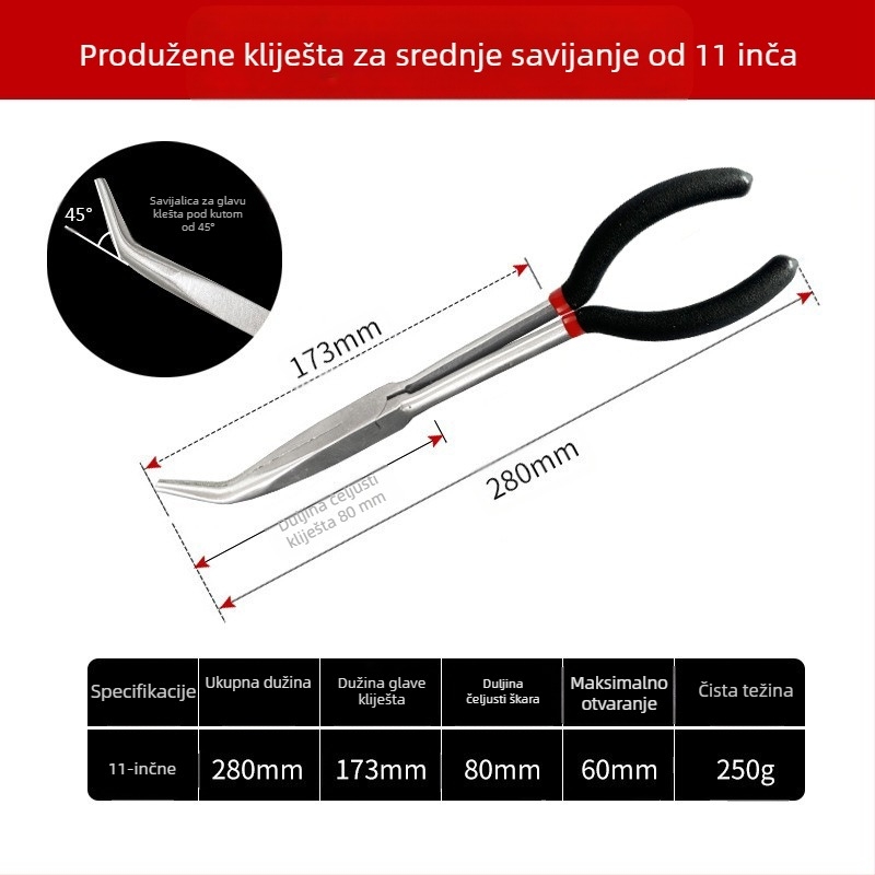 Kliješta za prekogranično produžavanje, kliješta s igličastim vrhom, odgovaraju 11-inčnim O-steznim glavama, kliješta za svjećice, kliješta za odvajanje cijevi za ulje