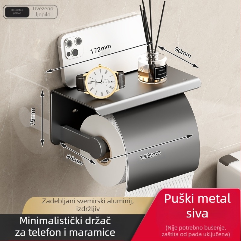 Kutija za toaletni papir, zidni stalak za toaletni papir u kupaonici, držač za toaletni papir bez bušilica, stalak za pohranu role toaletnog papira