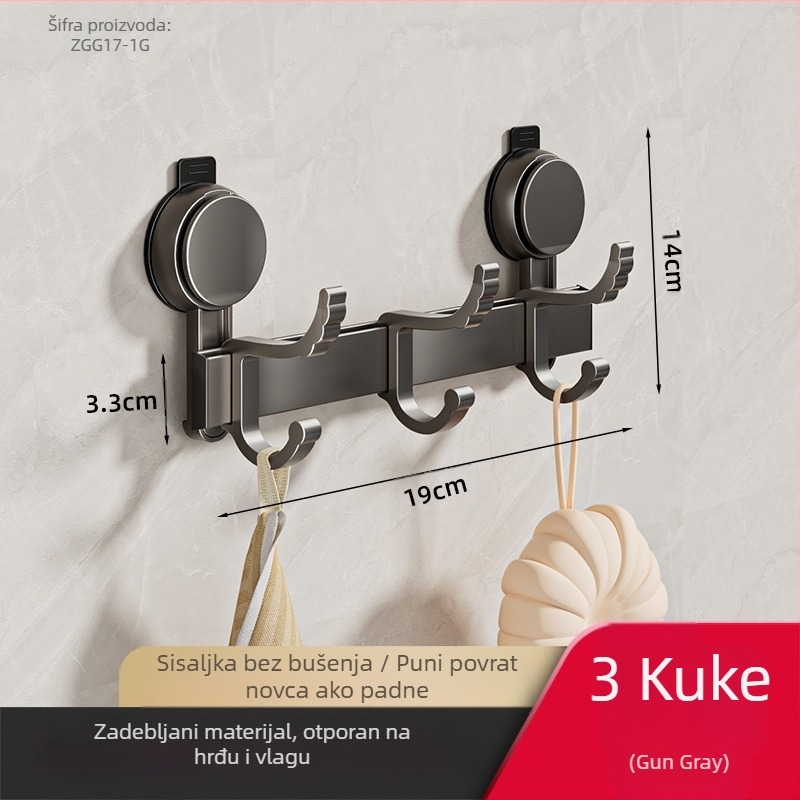 Kuka za kupaonicu s usisnom čašom, višeredna, aluminijski spoj, nosivost 5 kg, za vrata