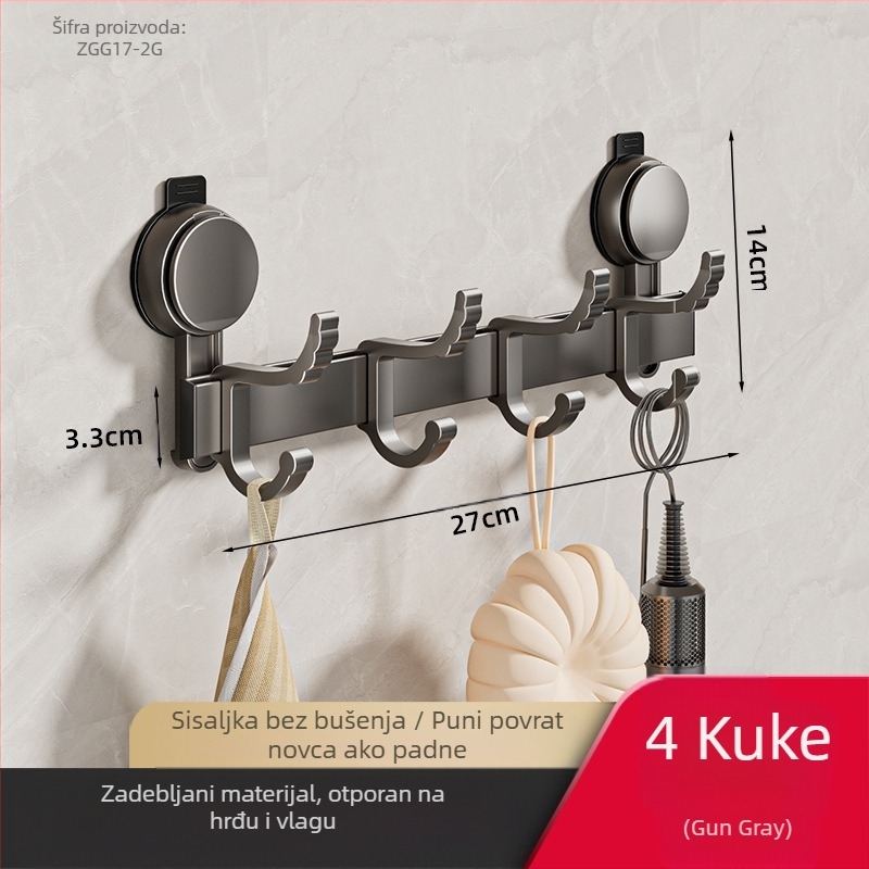 Kuka za kupaonicu s usisnom čašom, višeredna, aluminijski spoj, nosivost 5 kg, za vrata