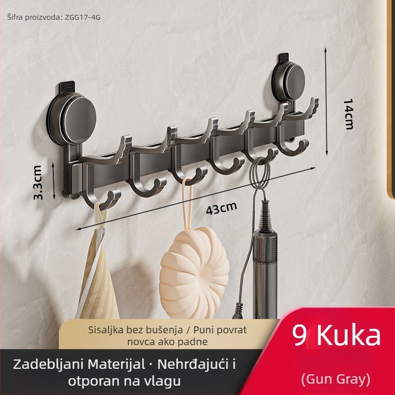 Kuka za kupaonicu s usisnom čašom, višeredna, aluminijski spoj, nosivost 5 kg, za vrata
