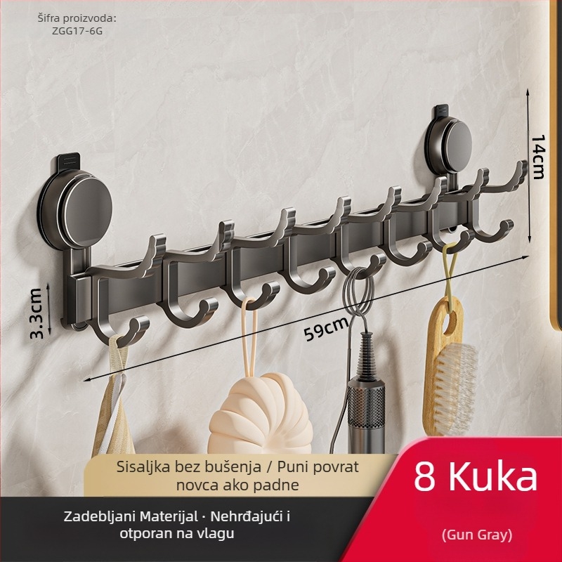 Kuka za kupaonicu s usisnom čašom, višeredna, aluminijski spoj, nosivost 5 kg, za vrata